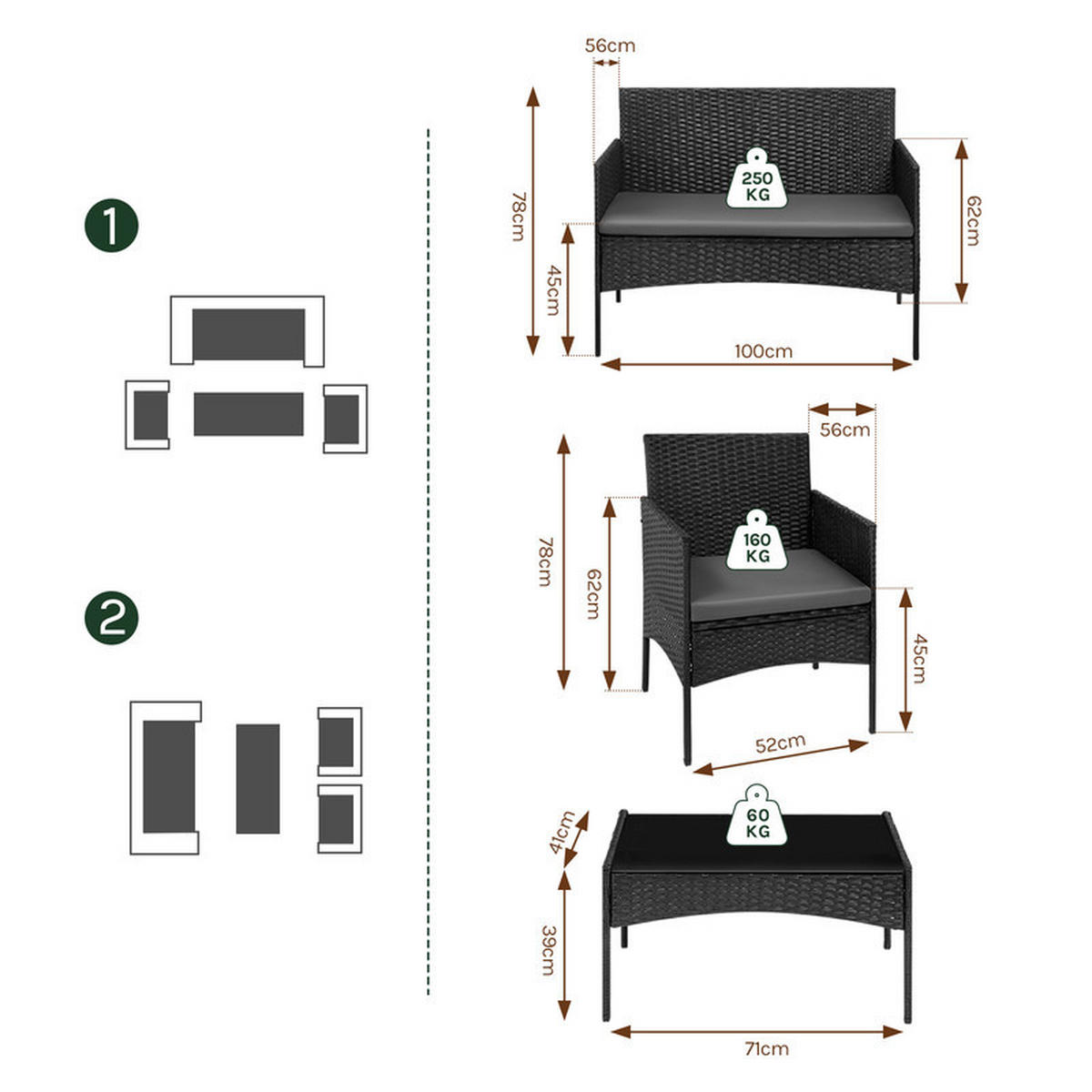 RATTAN-GARTENMÖBEL-SET – 2-Sitzer, 2 Sessel, Couchtisch - Schwarz, Metall - Auledio