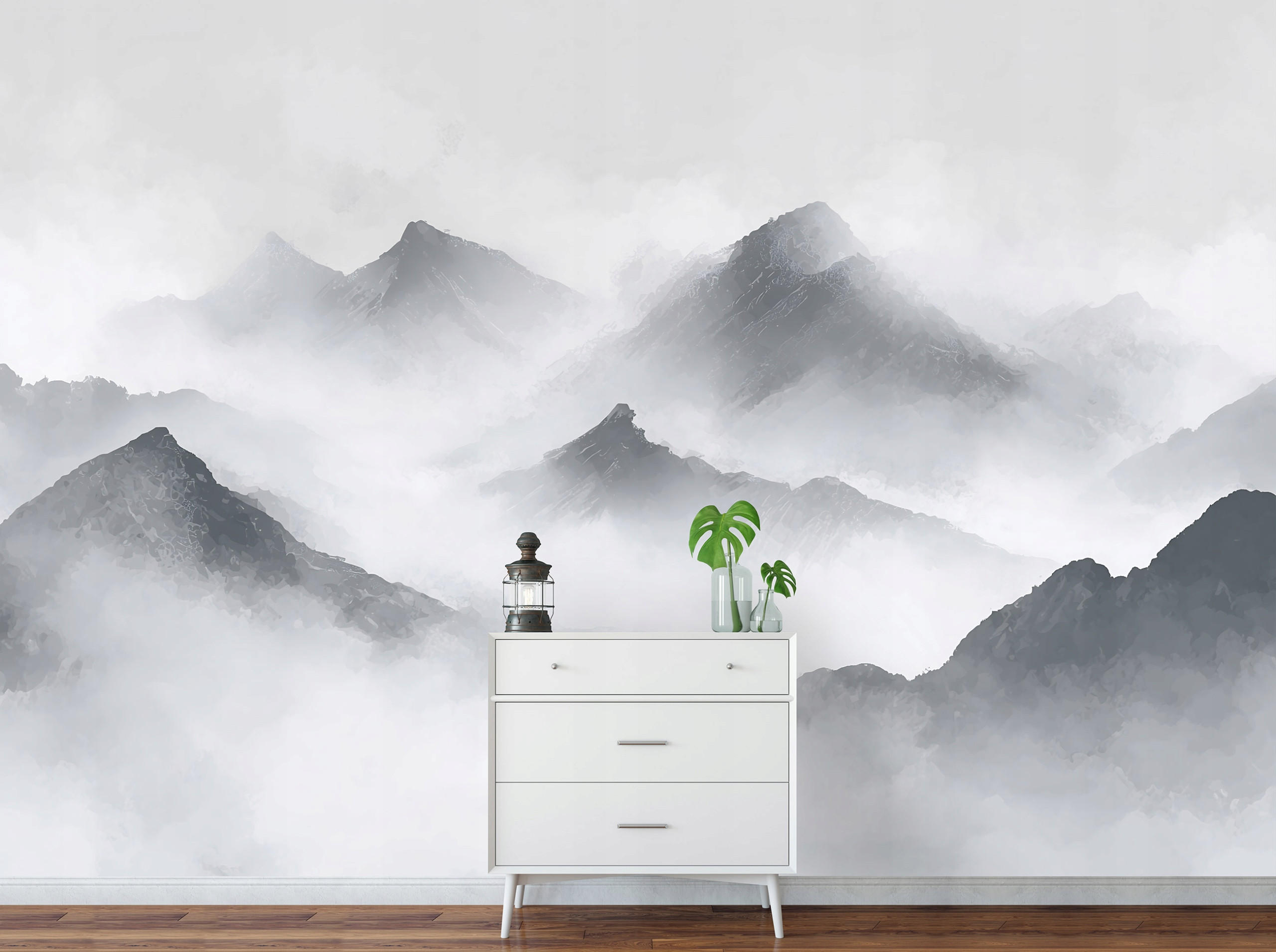 FOTOTAPETE Gebirge Nebel Grau 200x140 cm - Multicolor, Papier (200/140cm) - Wallarena