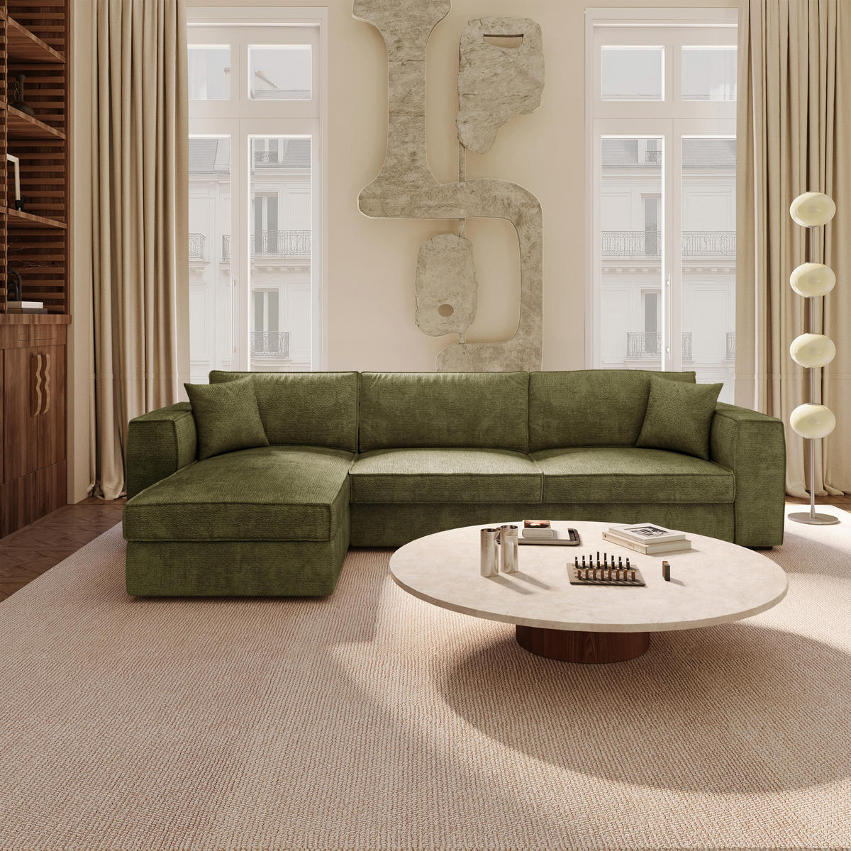 LINKSECK-SCHLAFSOFA MIKA Kettgewebe mit weichem Griff Vintage-Grün 292cm - Dunkelgrün/Grün, Textil (292/100cm) - Premium Interiors