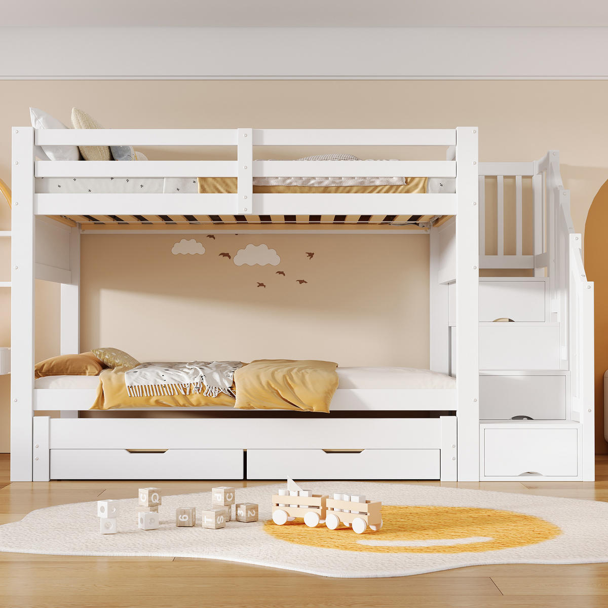 ETAGENBETT 90x200 cm mit mehrstufiger Aufbewahrungstreppe, Weiß - Weiß, Holz (90/200cm) - KOMHTOM