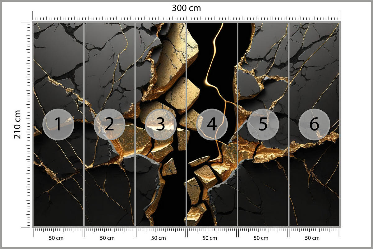 FOTOTAPETE für Wohnzimmer Schwarzer Abstrakter Marmor Gold Risse Wand 300x210 - Schwarz, Papier (300/210cm) - Muralo