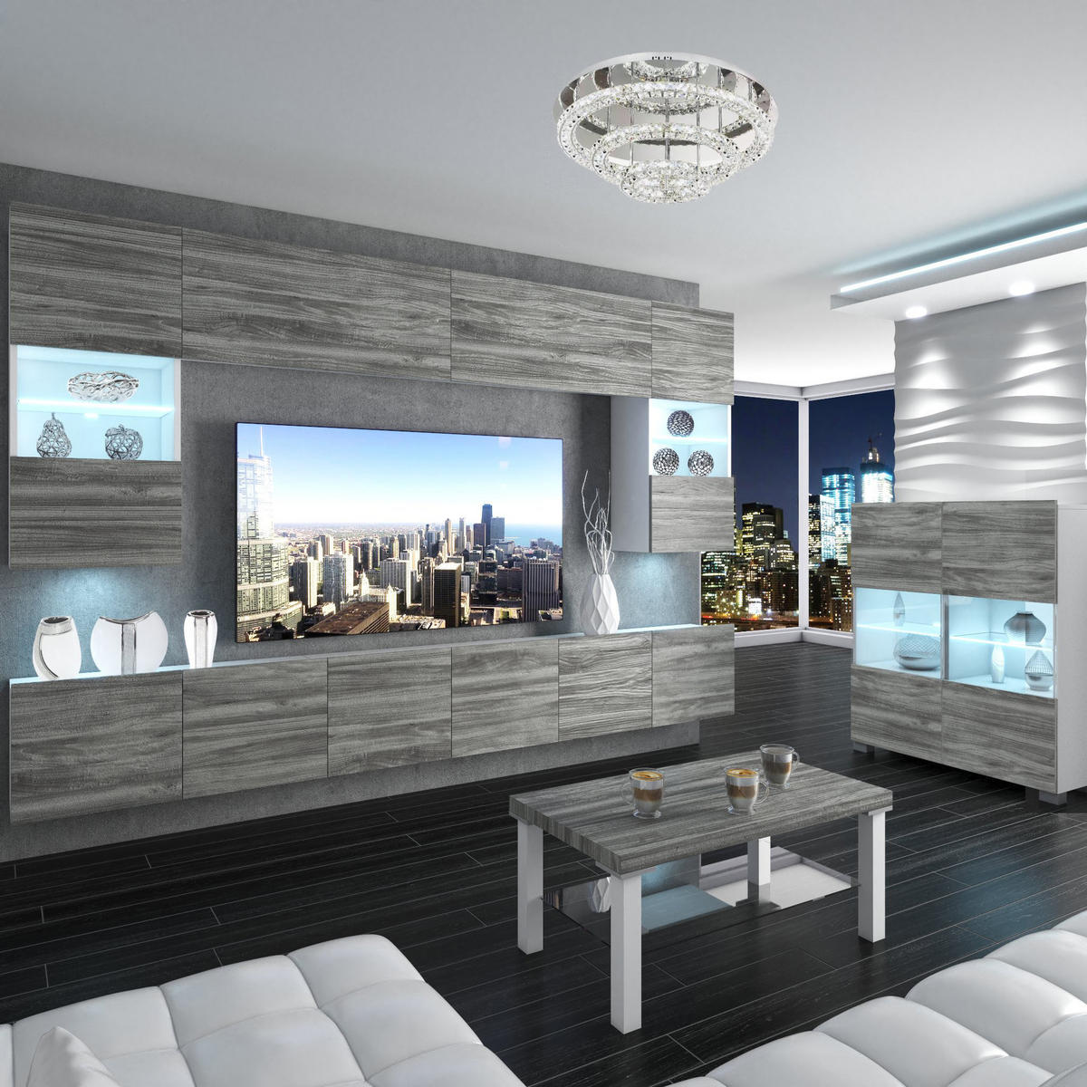 VITRINE Hochschrank mit LED-Leuchten, Glamour Holz - Grau, Holz (100/115/36cm) - B BELINI GROUP