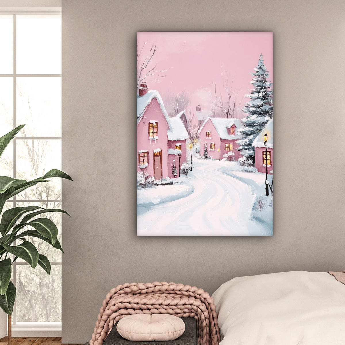 LEINWANDBILD Weihnachtsdorf - Rosa - Winter - Schnee - Häuser Deko Groß 90x140 cm - Altrosa, Textil (90/140cm) - MuchoWow