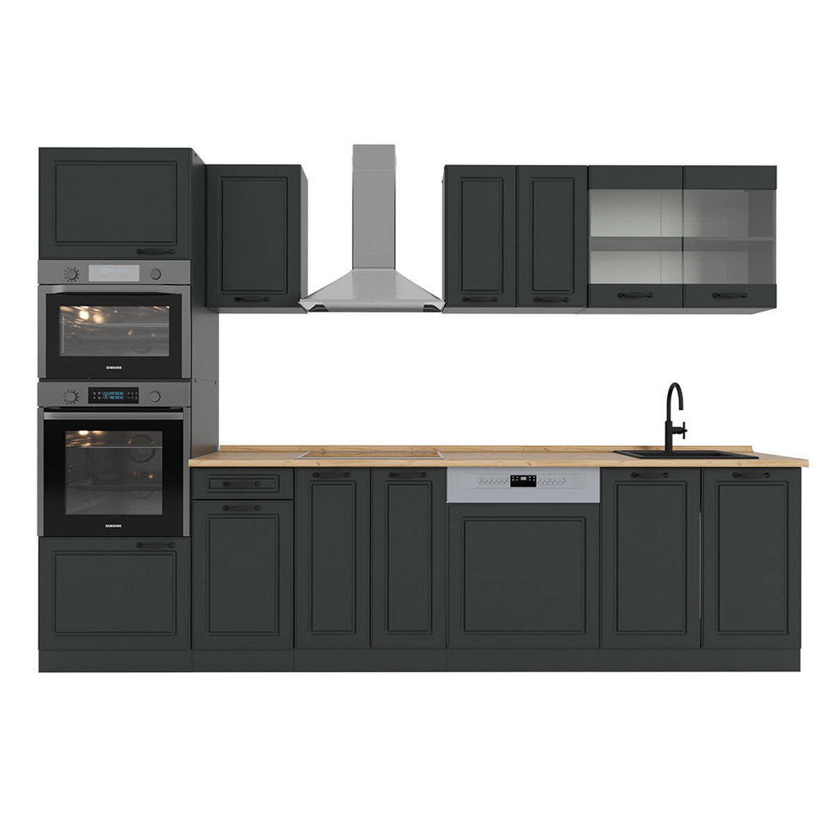 KÜCHENZEILE R-Line Anthrazit Landhaus/Anthrazit 300 cm mit Hochschrank, ohne Arbeitsplatte - Anthrazit, Holzwerkstoff (300/81.6/46cm) - Vicco