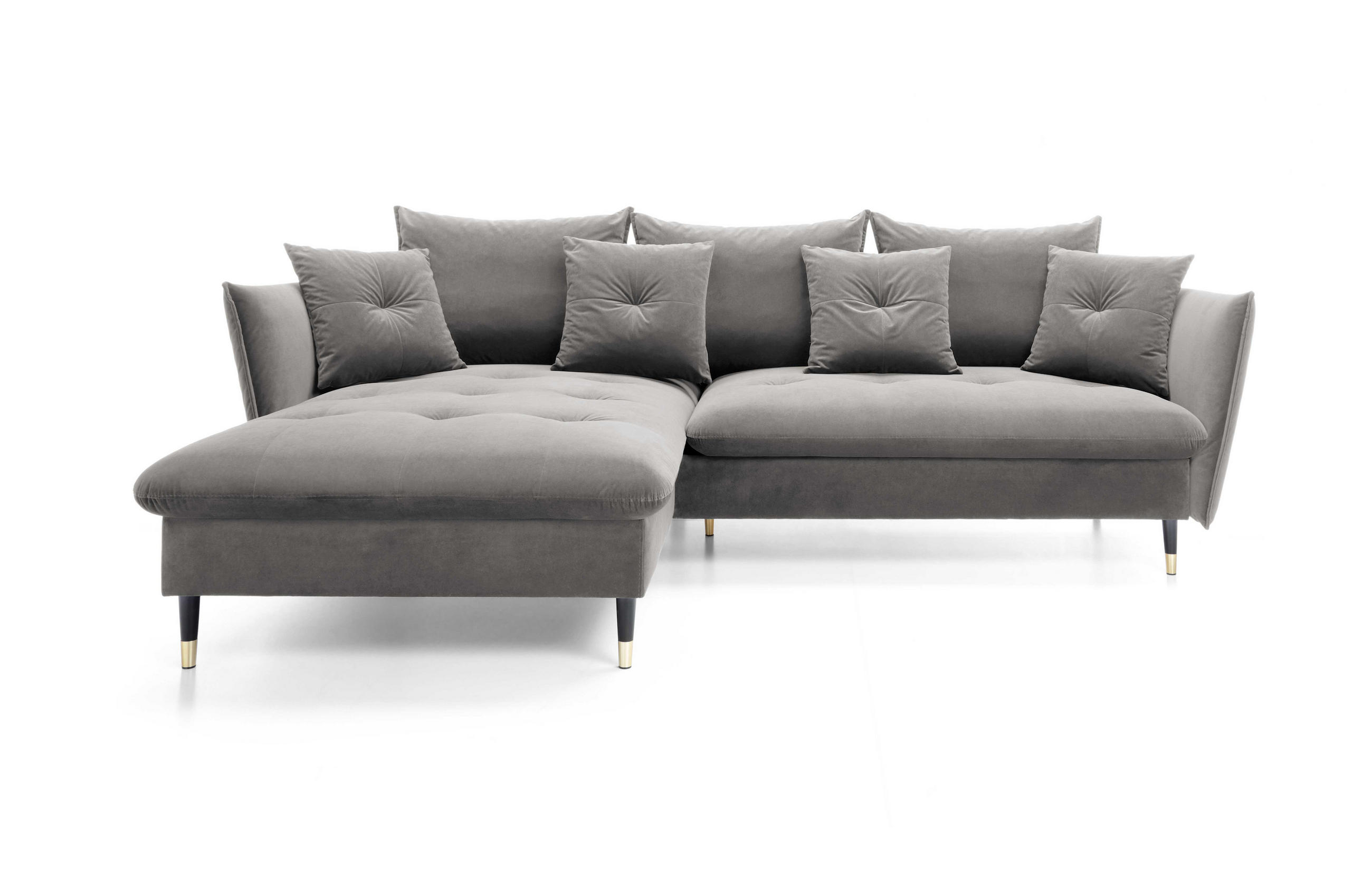 ECKSOFA GLAM mit Schlaffunktion, Ottomane & goldenen Füßen – Samtsofa im Glamour-Stil mit Zierkissen, 258x167x91cm, Linke, GRAU - Grau, Holz/Textil (167/258cm) - DomoHome
