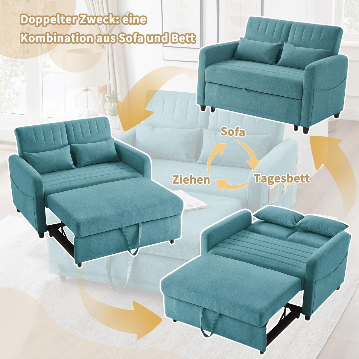 SCHLAFSOFA Baumwoll-Leinen mit Ausziehfunktion und verstellbarer Rückenlehne Antik Blaugrün 114/77/82,5 cm - Türkis, Textil (77/82.5/114cm) - Redom