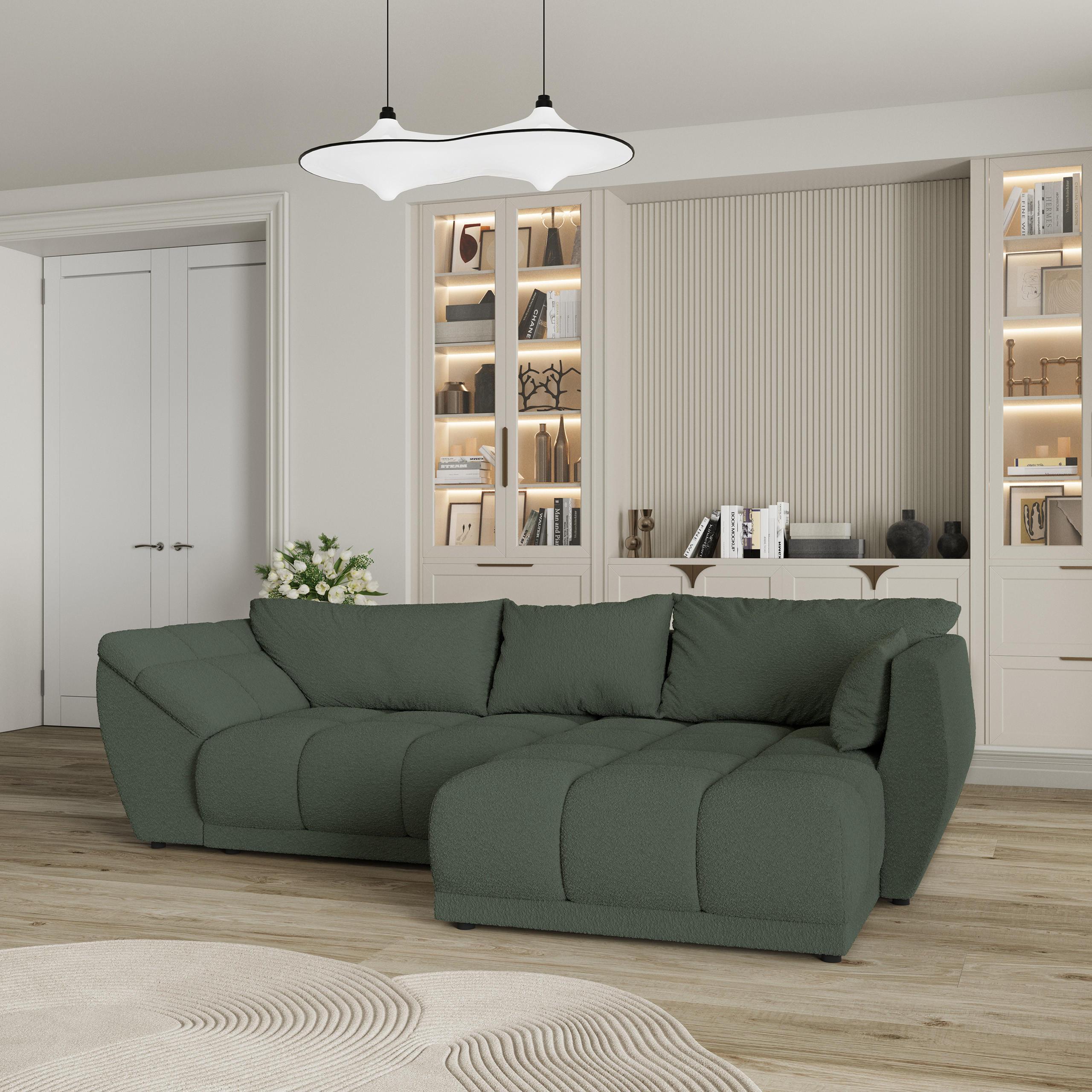 ECKSOFA ORENTI R-S Grün Boucle-Stoff mit Schlaffunktion - Grün, Holz (287/182cm) - MASSENO