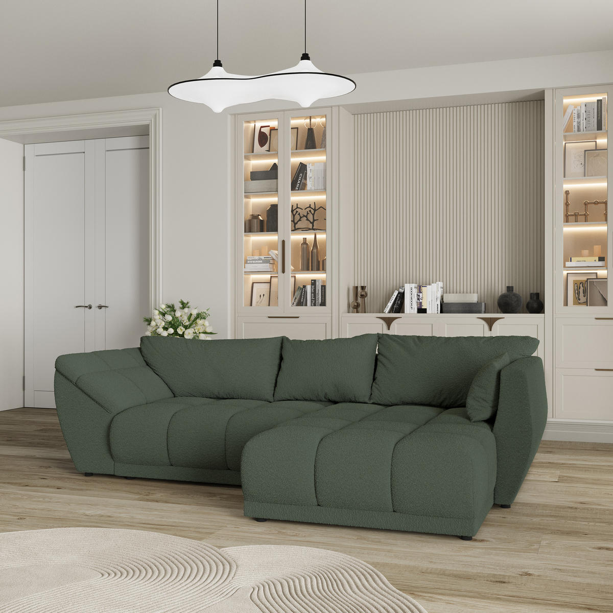 ECKSOFA ORENTI R-S Grün Boucle-Stoff mit Schlaffunktion - Grün, Holz (287/182cm) - MASSENO