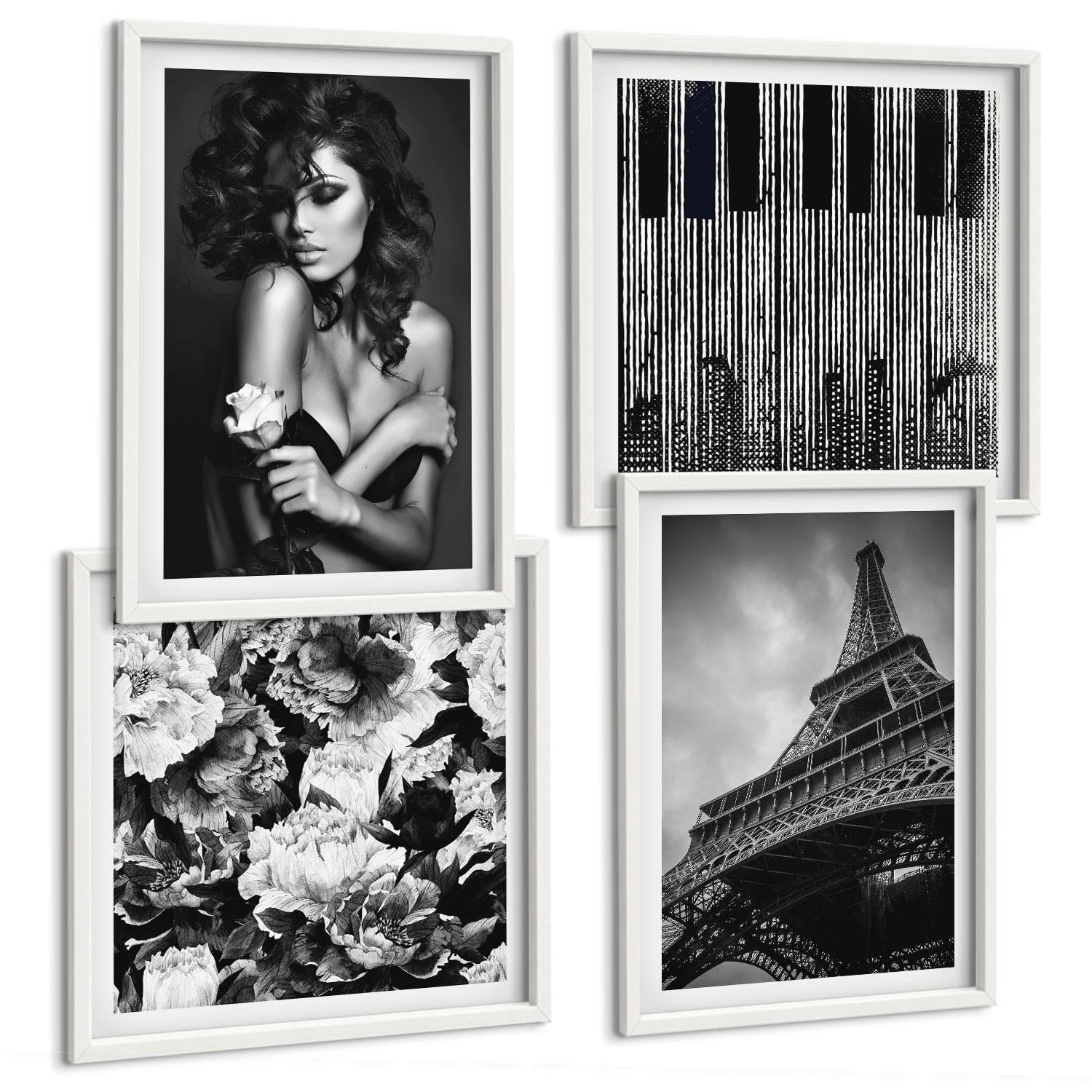 BILDER SET 4er Set - 50x50 cm & 40x60 cm Weißer Rahmen - Porträt einer Frau mit einer Eiffel-Rose - Weiß, Kunststoff (50/50cm) - TULUP