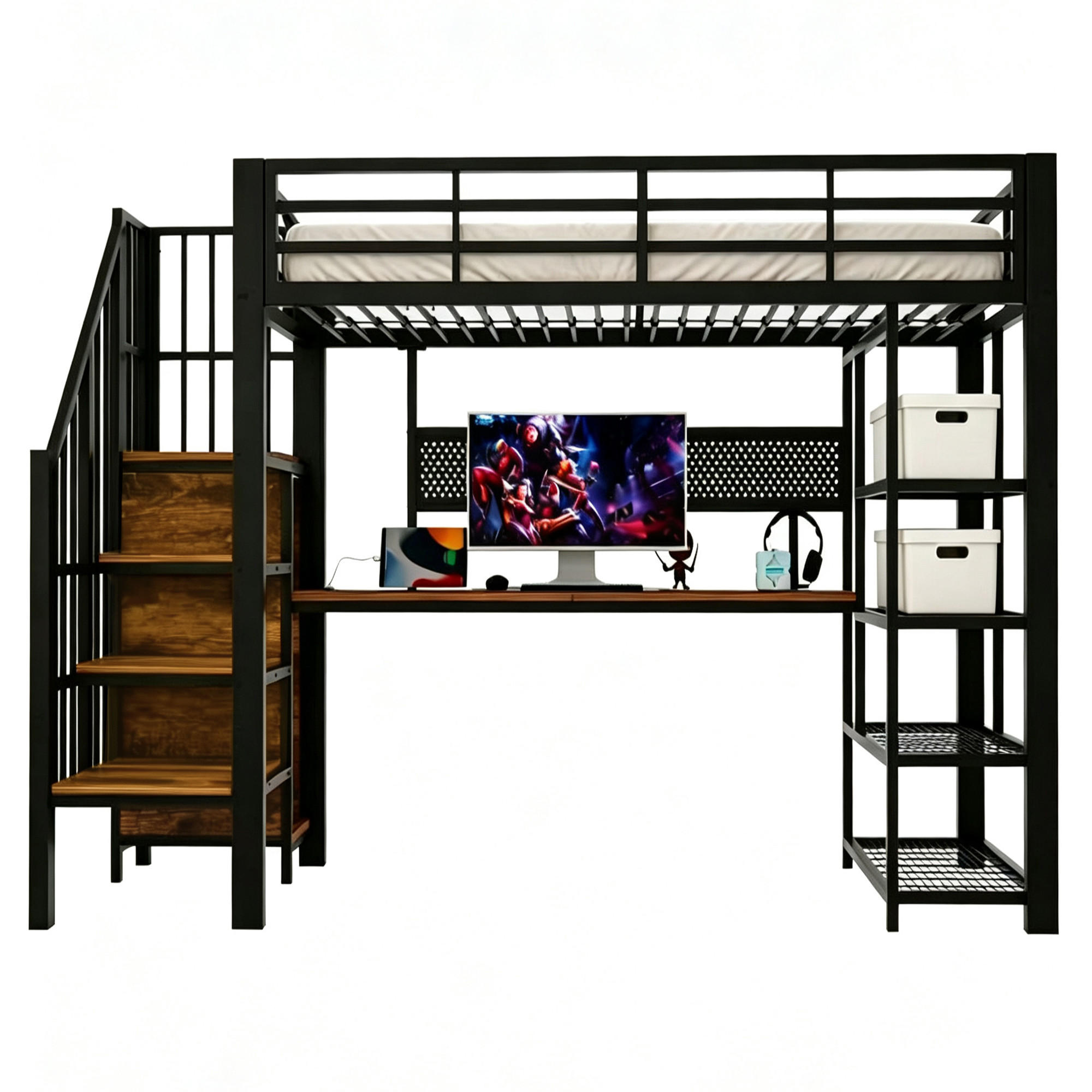 HOCHBETT 90x200cm Metall Schreibtisch LED Steckdose Schwarz - Schwarz, Metall (90/200cm) - FLIEKS