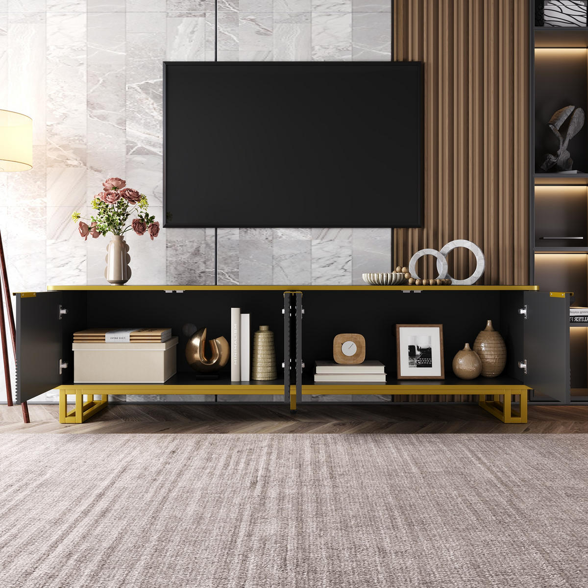 TV-SCHRANK 160cm 4 Türen geometrisch modern Stauraum - Schwarz, Holzwerkstoff (37.5/48/160cm) - FLIEKS