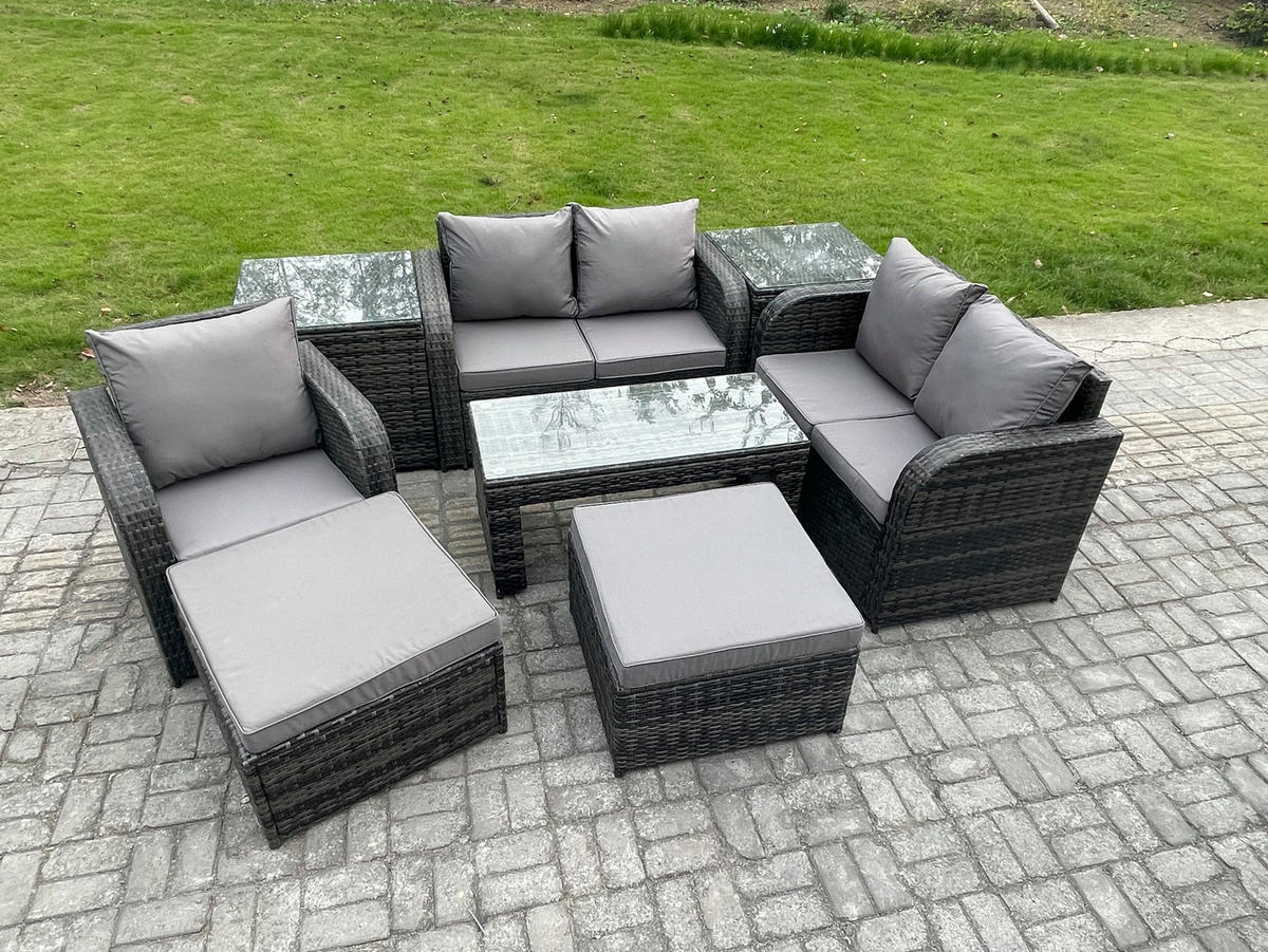 GARTENSOFA SET mit rechteckigem COUCHTISCH Polyrattan 7-Sitzer Dunkelgrau - Dunkelgrau/Grau, Glas/Kunststoff - Fimous