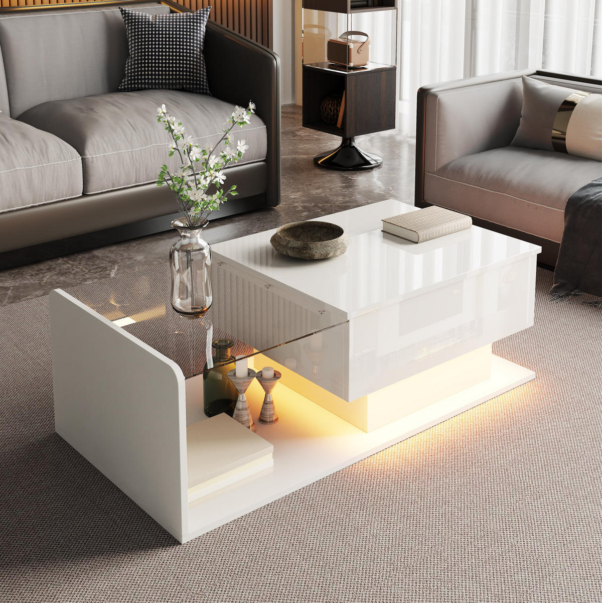 COUCHTISCH 100/50 cm in Weiß aus Spanplatte mit Höhenverstellung und LED-Lichtleiste - Weiß, Holzwerkstoff (100/50/33cm) - OKMYHOME