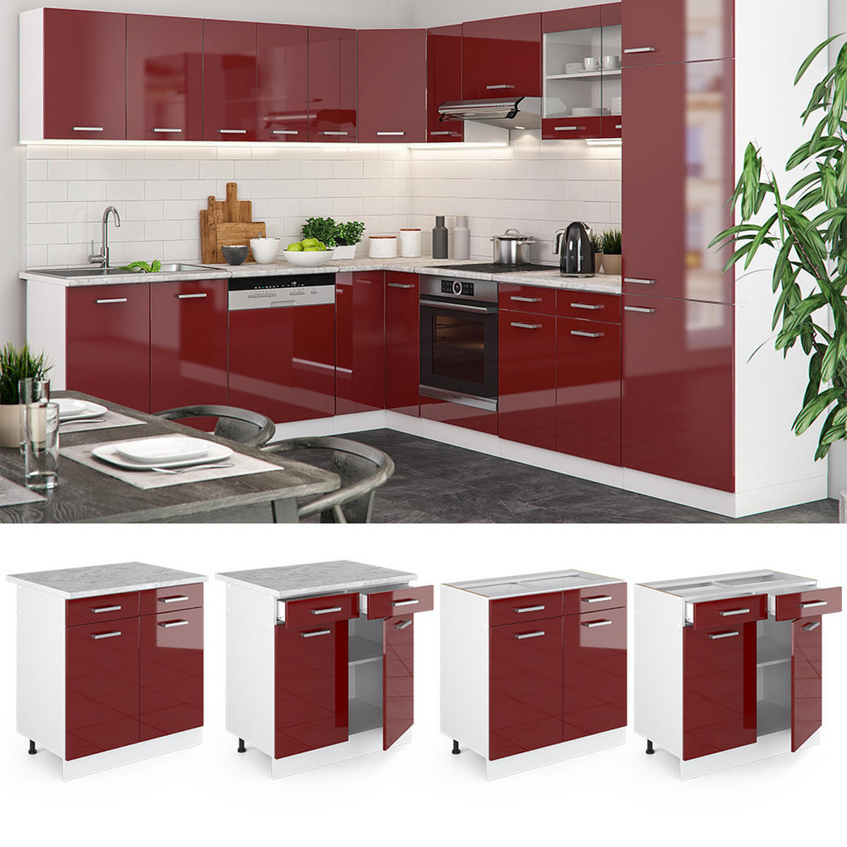 KÜCHENUNTERSCHRANK R-Line Bordeaux Hochglanz 80 cm, AP Anthrazit - Bordeaux/Weiß, Holzwerkstoff (80/81.6/60cm) - Vicco