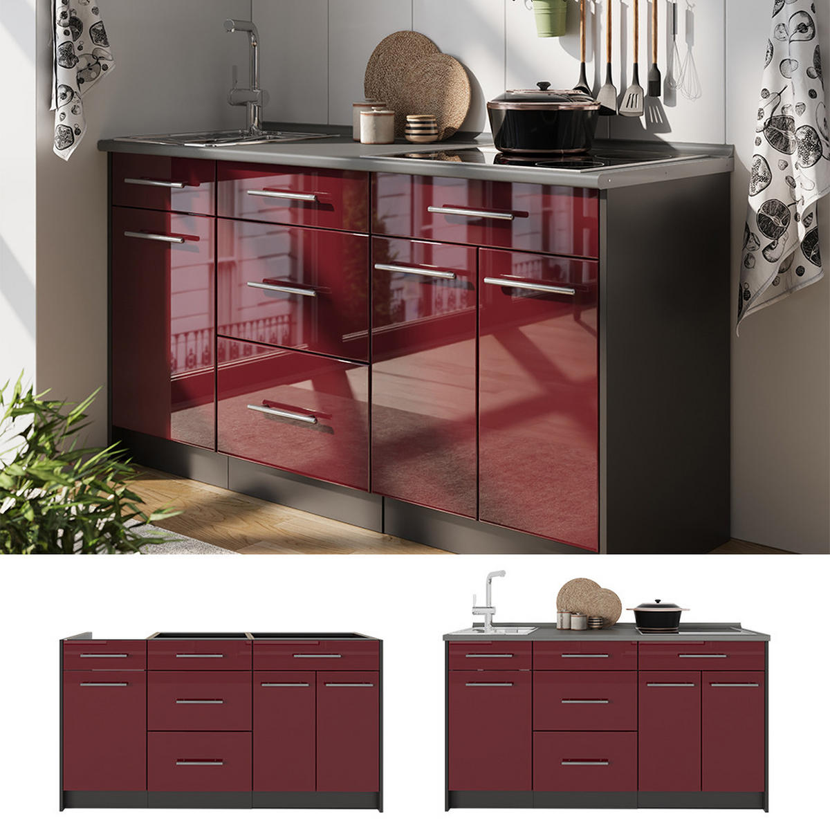 KUCHYNSKÝ BLOK Fame-Line, Bordeaux vysoký lesk, 150 cm, AP Oak - bordová/antracitová, kompozitné drevo (150/82/60cm) - Vicco