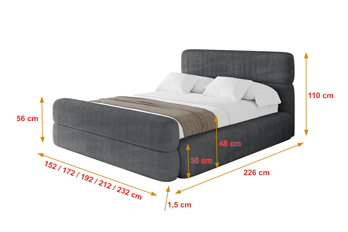 POLSTERBETT mit Bettkasten, Fußteil und Lattenrost, Boxbett mit Matratze H3/H4 - ENORA-Z 180x200 Dunkelgrau - Anthrazit, Holzwerkstoff/Textil (180/200cm) - ALTDECOR