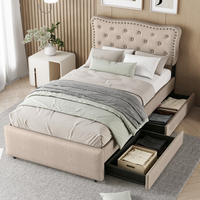 POLSTERBETT 90/200 cm Dunkelbeige aus MDF und Leinenstoff mit 2 Schubladen - Beige, Textil (90/200cm) - OKMYHOME