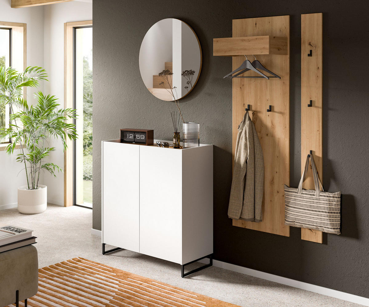 GARDEROBE-SET weiß und Artisan Eiche, Garderobe 4-teilig, 186 x 197 cm, Soft-Close, Borga - Schwarz/Weiß, Holzwerkstoff/Metall (186/197/38cm) - Inn.Furn