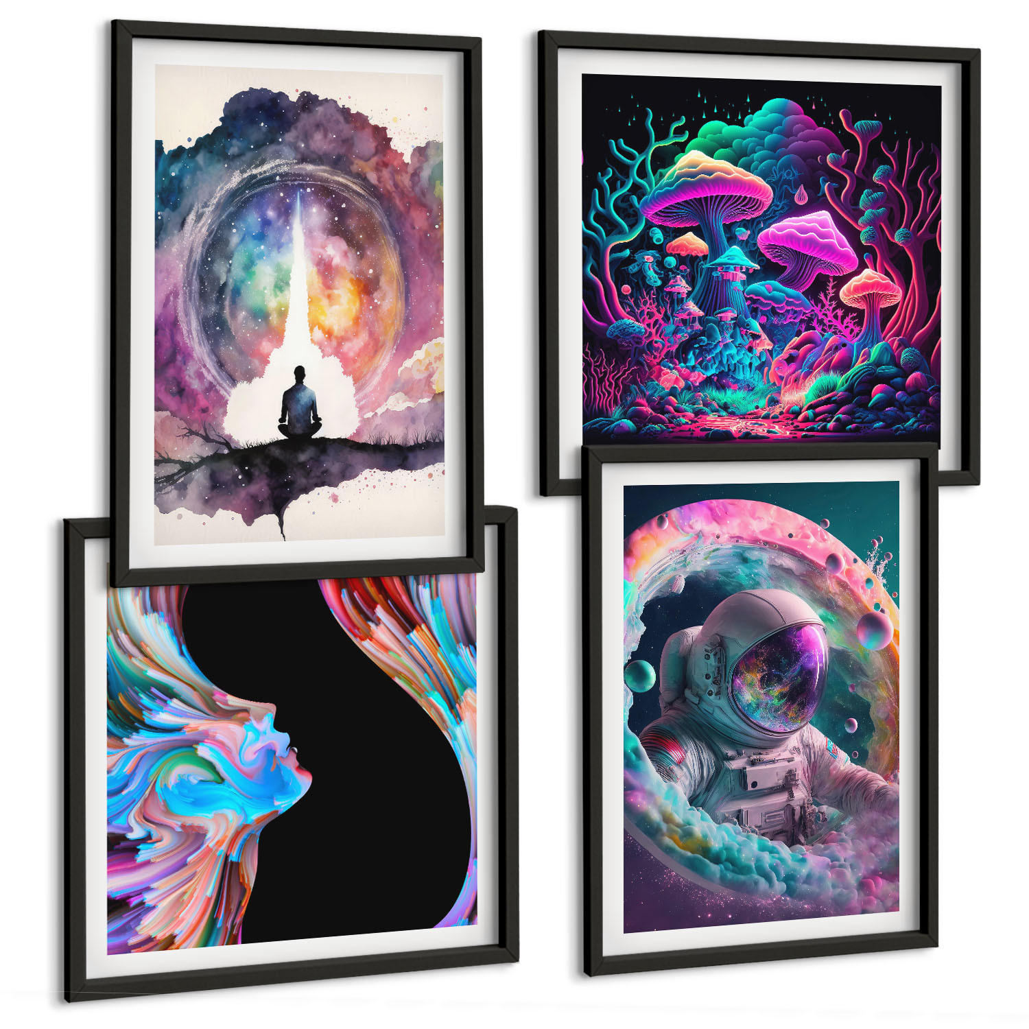 BILDER SET 4er Set - 50x50 cm & 40x60 cm Schwarzer Rahmen - Farbenfrohe Fantasy-Kunstillustrationen - Schwarz, Kunststoff (50/50cm) - TULUP