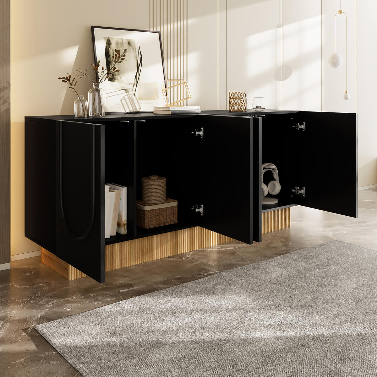 SIDEBOARD aus Spanplatte 160x38x75 cm Schwarz/Holzoptik mit 4 Türen und Stauraum - Schwarz, Holzwerkstoff (160/75/38cm) - IVMEU