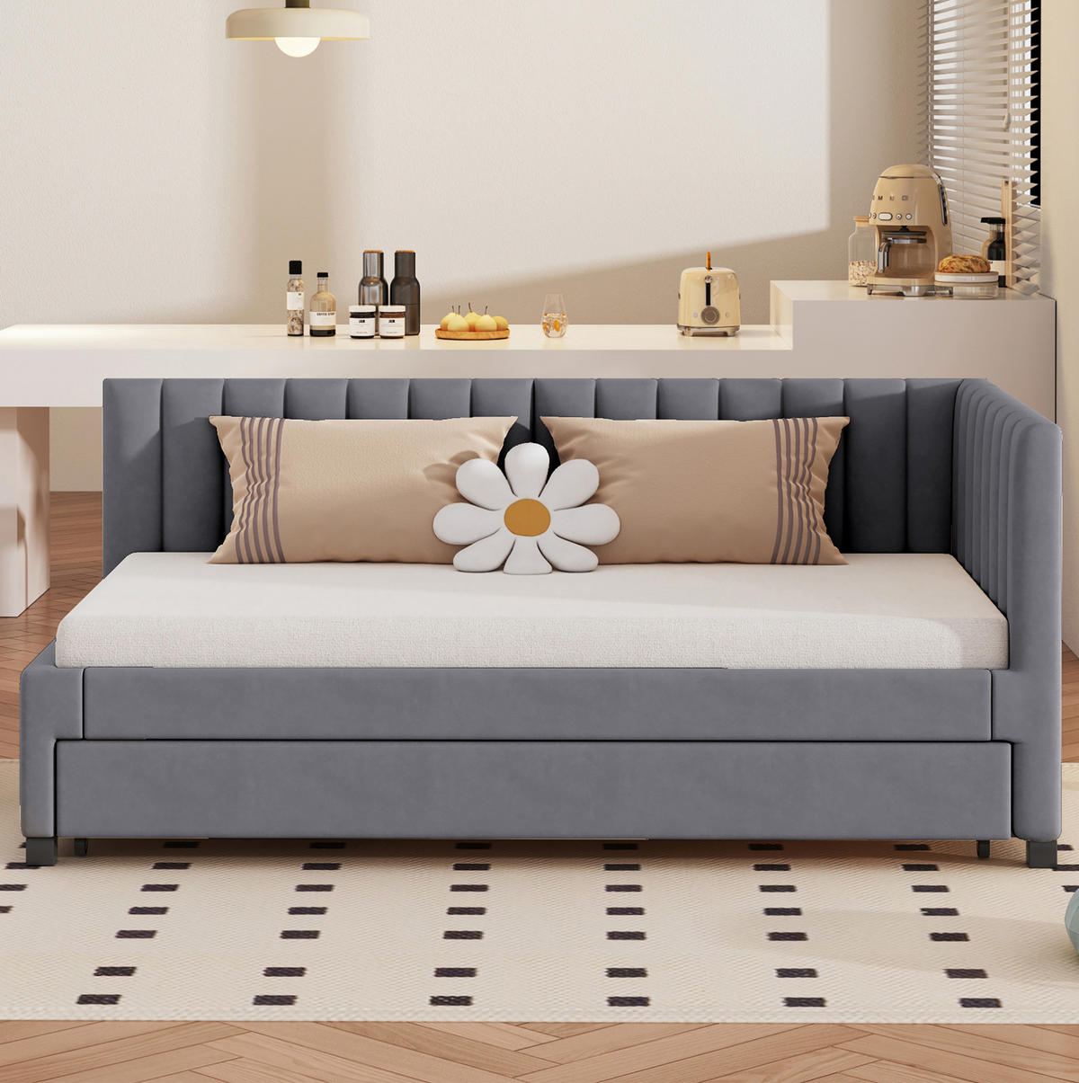 SAMT-POLSTERBETT 90/200 cm mit ausziehbarem Unterbett und Lattenrost - Grau, Textil (90/200cm) - BEAOK