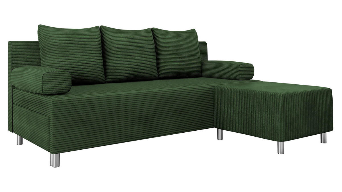 SCHLAFSOFA Dover Cord mit Polsterhocker - Chromfarben/Grün, Holz/Kunststoff (192/80cm) - MIRJAN24
