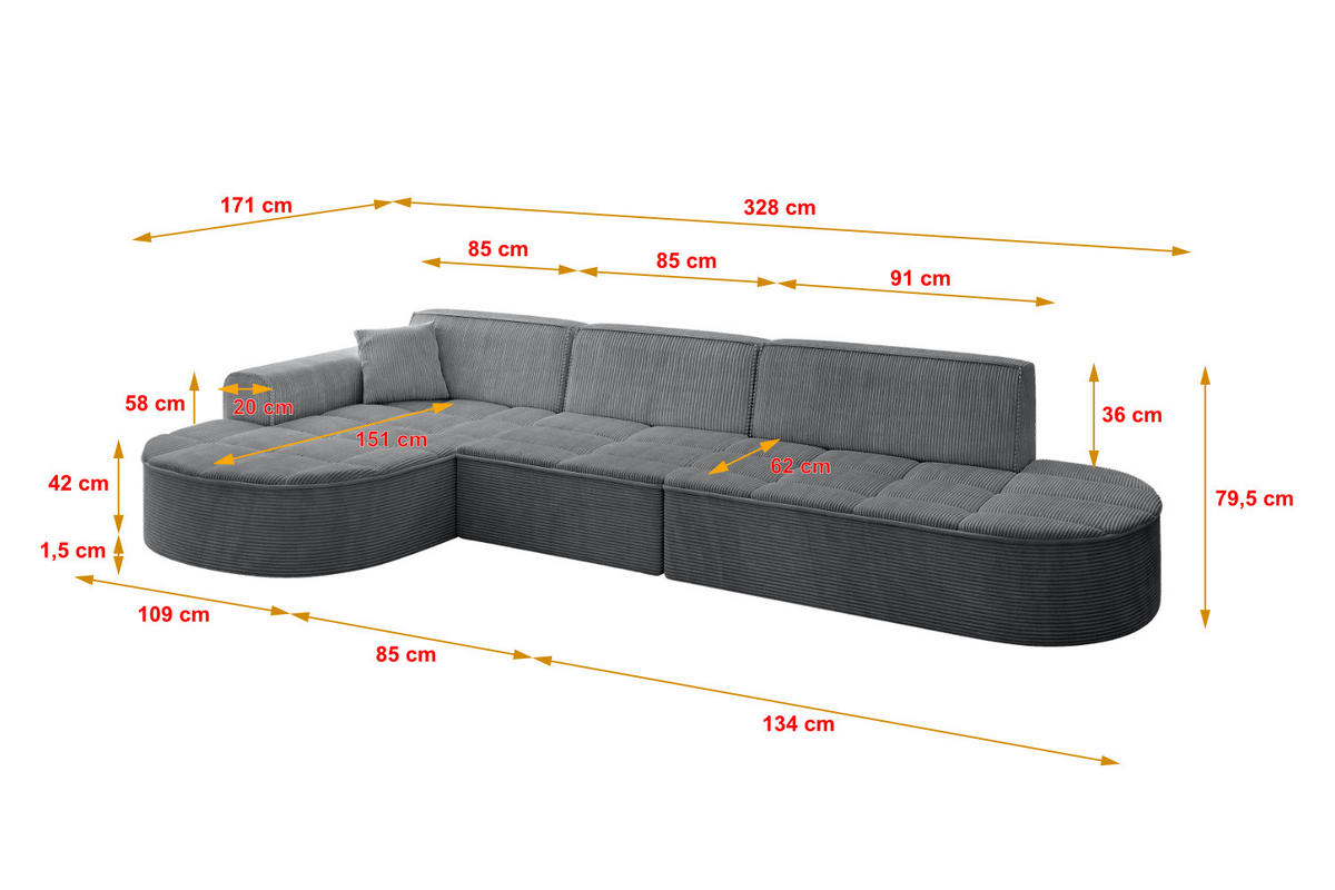 ECKSOFA Ottomane Links TARO-L2 - 328x171x79,5 cm Dunkelgrau - Dunkelgrau, Holzwerkstoff/Textil (328/171cm) - ALTDECOR