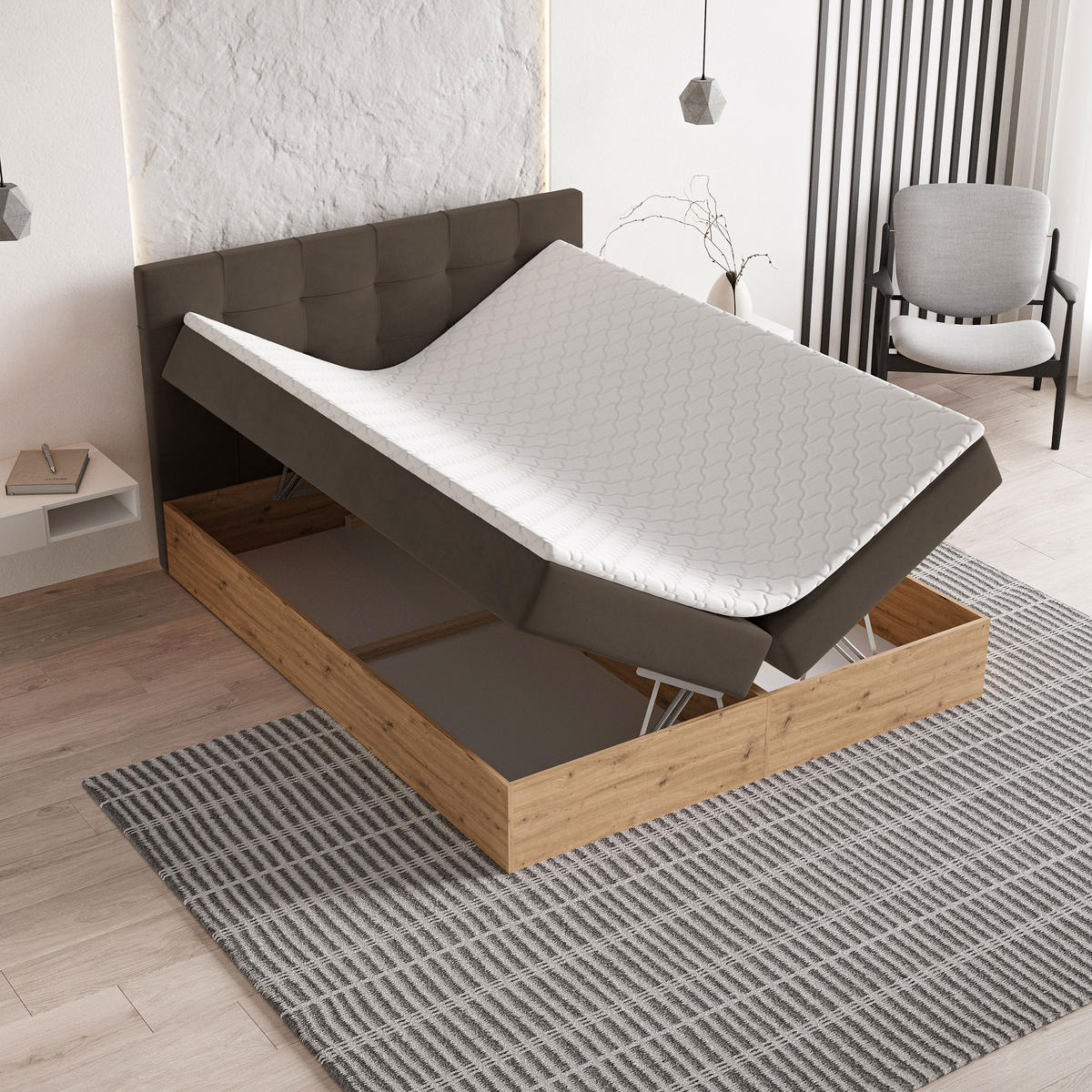 BOXBETT MOLVEN 180x200 cm mit Matratze und Topper - Braun - Braun, Holz (180/200cm) - MASSENO