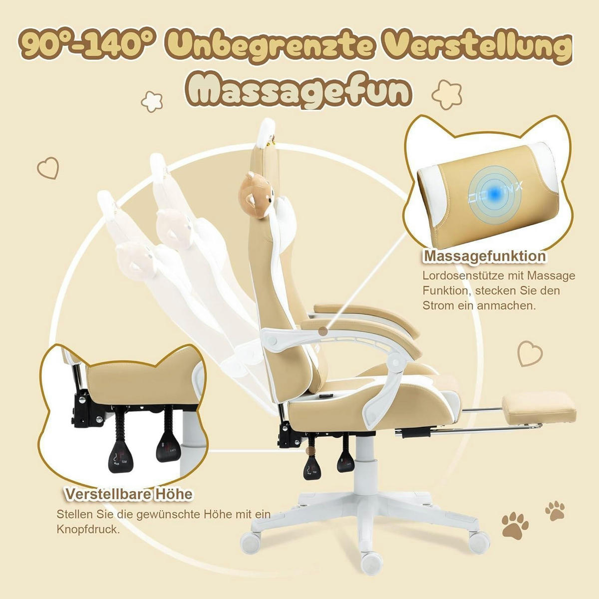 GAMING-STUHL mit Hundemotiv und Fußstütze, ergonomisch, PU-Leder, Braun - Braun, Kunststoff (57/135/76cm)