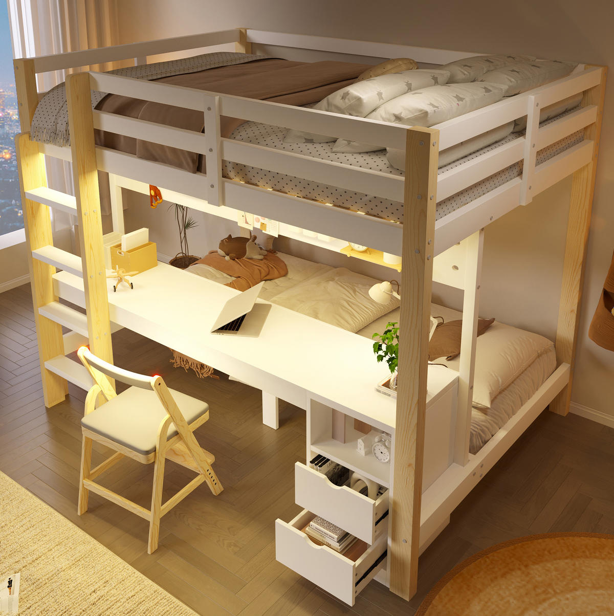 HOCHBETT 140/200 cm aus Kiefernholz mit Schreibtisch, Natur/Weiß - Naturfarben, Holz (140/200cm) - OKMYHOME