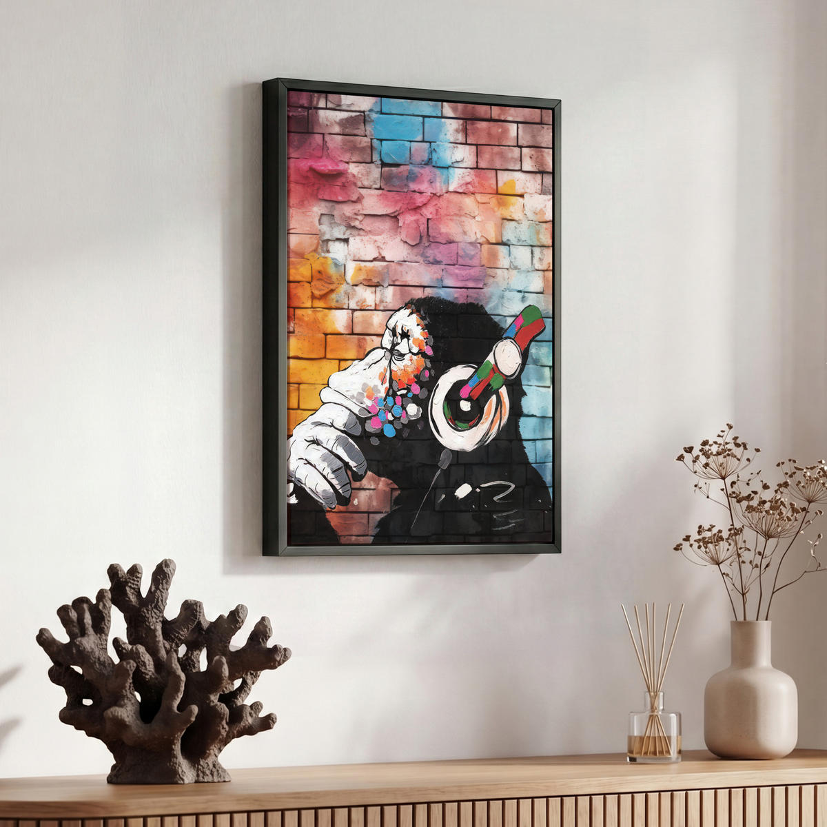LEINWAND Bilder mit Rahmen - Affe - Graffiti - Musik - 30x40 - Multicolor, Textil (30/40cm) - MuchoWow
