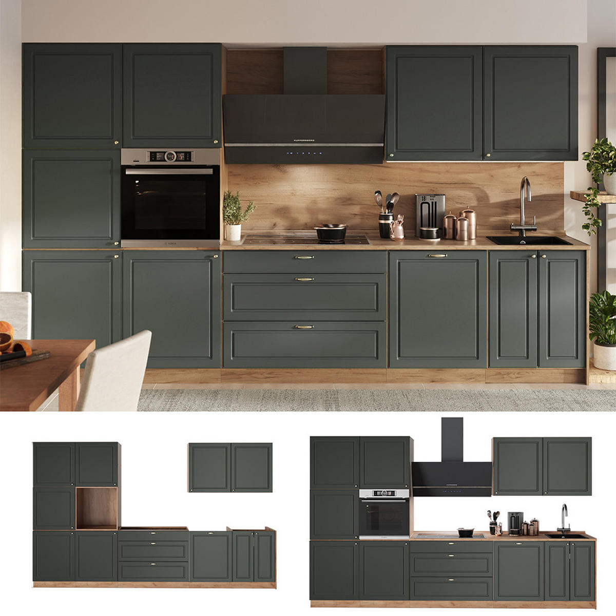 KÜCHENZEILE Fame-Line, Grün-Gold Landhaus/Goldkraft Eiche, 340 cm, AP Eiche - Honigeiche/Grün, Holzwerkstoff (340/206.8/60cm) - Vicco