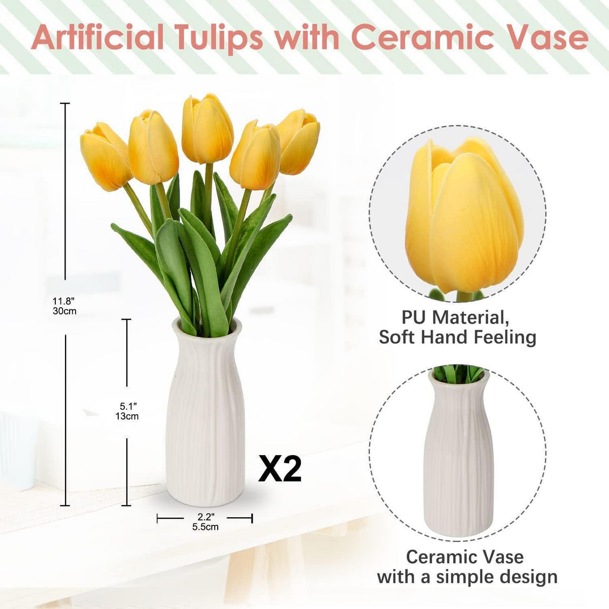 KUNSTBLUMEN Tulpenbund mit Vase 30 cm Gelb - Gelb, Keramik (10cm)