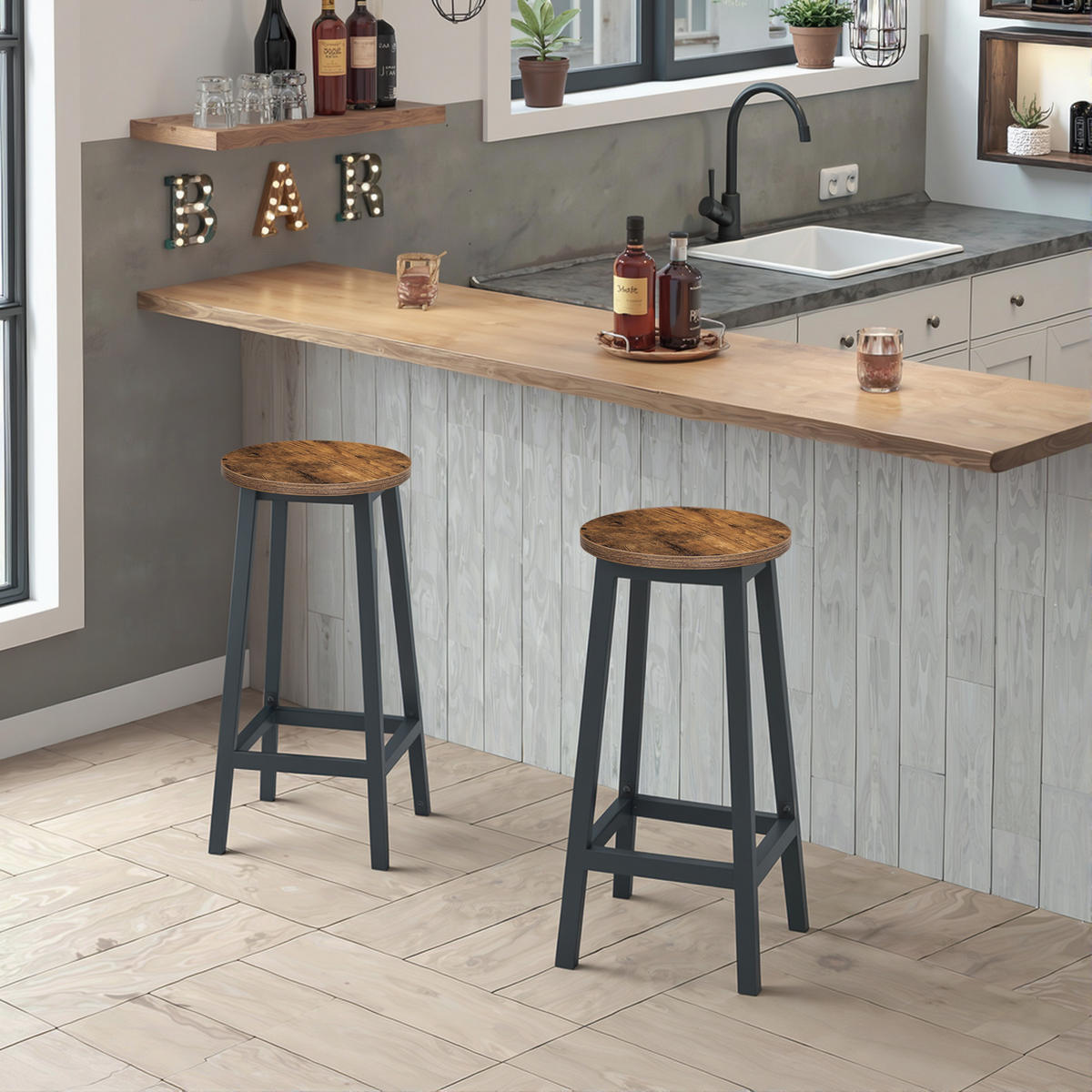 BARHOCKER in Eiche rustikal und Schwarz Beine - Wildeiche, Holzwerkstoff (32/65/32cm) - Home Collective