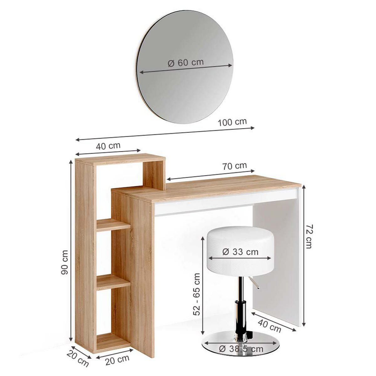 SCHMINKTISCH Leo Sonoma 100 cm mit Spiegel und Hocker - Sonoma Eiche, Holzwerkstoff (100/90/40cm) - Vicco