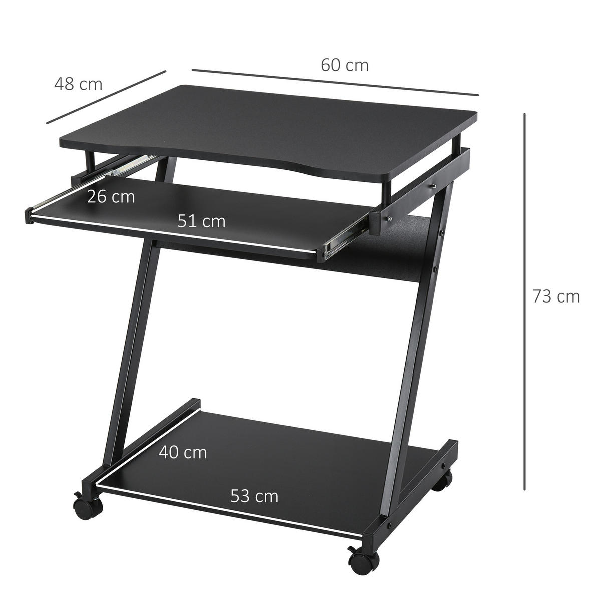 COMPUTERTISCH Schwarz rollbar mit Tastaturauszug und Ablage 60/48/73 cm - Schwarz, Holzwerkstoff (48/60/73cm) - PANGIVO