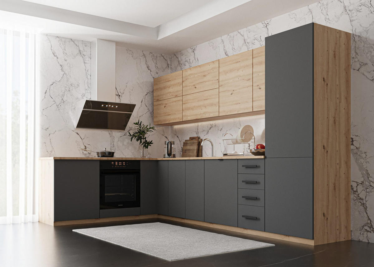 ECKKÜCHE 330 x 210 cm – Nexa K53-G330 – in Grau & Woodline / Matt - Schwarz/Eiche Artisan, Holz/Metall (330/212/58cm) - ROYAL24_MARKT