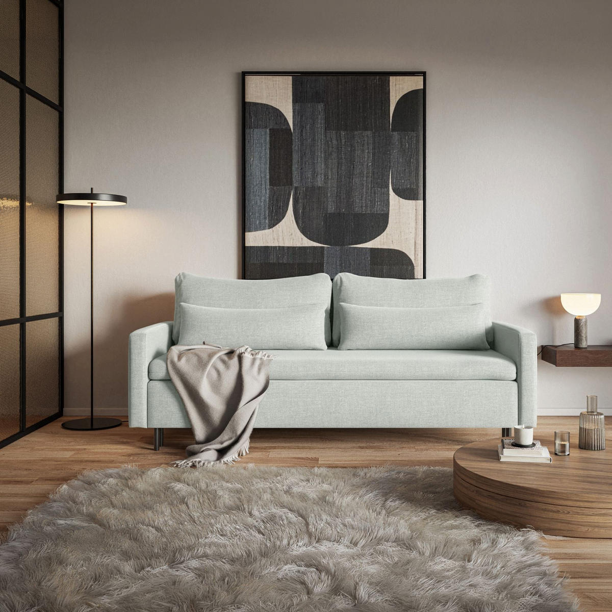 3-SITZER SOFA Umpro Chenille Mintgrün - Schwarz/Grün, Textil/Metall (220/96/95cm) - Selsey
