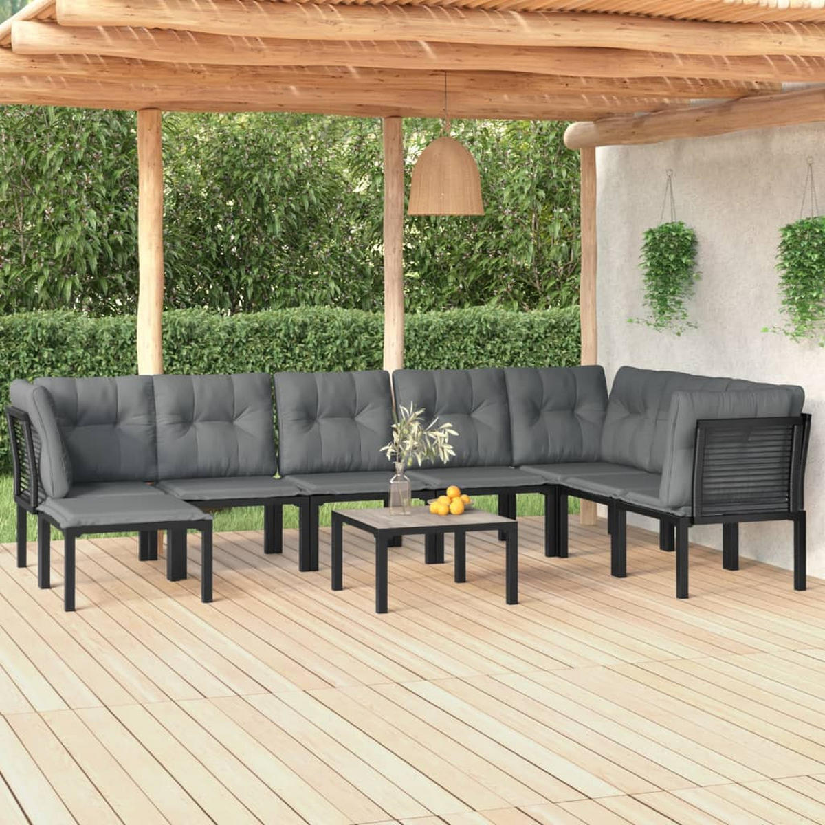 GARTEN-LOUNGE-SET 9-teilig Schwarz Und Grau Poly Rattan - Schwarz, Metall - vidaXL