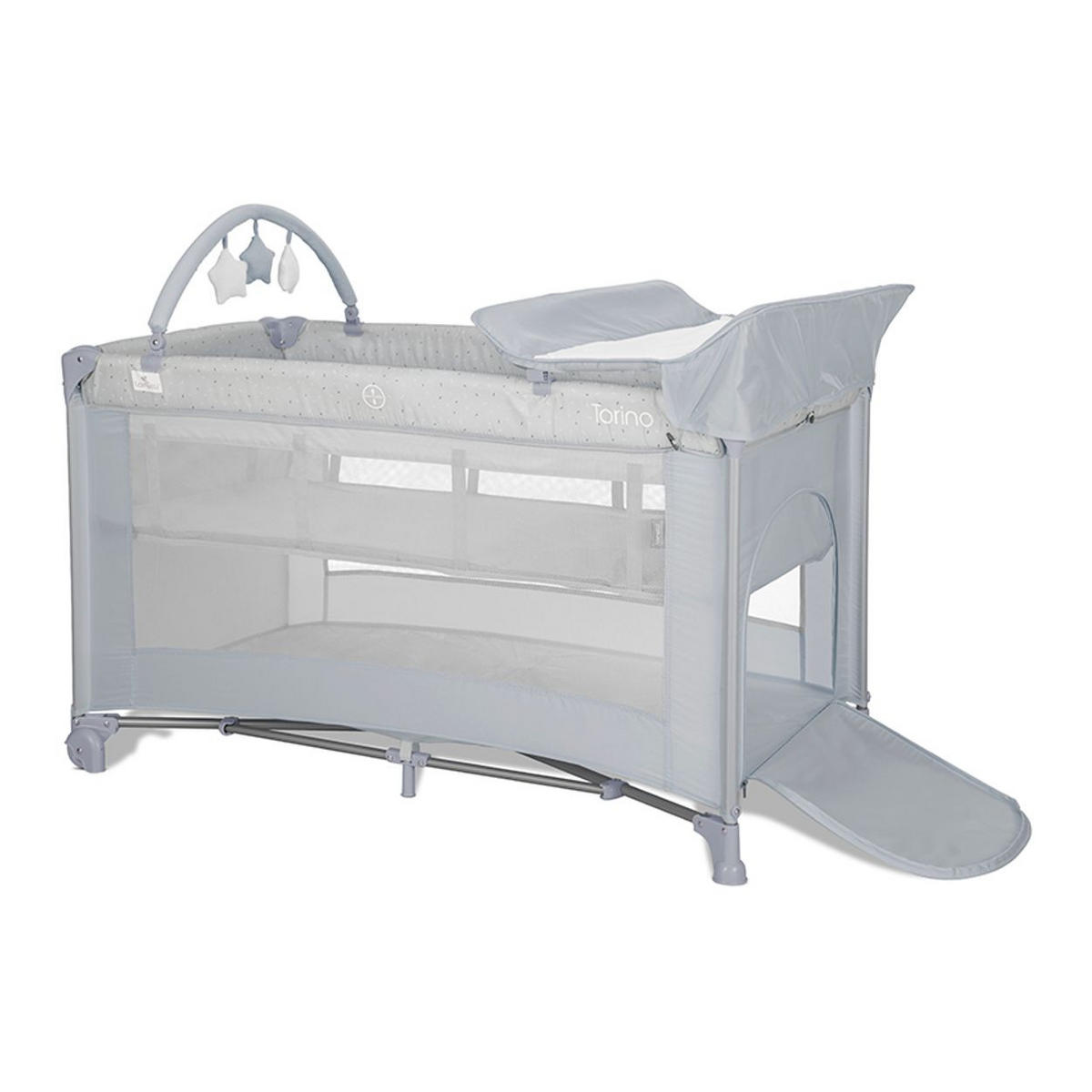 REISEBETT Torino plus 2 hellgrau Wickelauflage Spielbogen Räder faltbar - Grau, Kunststoff (70/127cm) - Lorelli