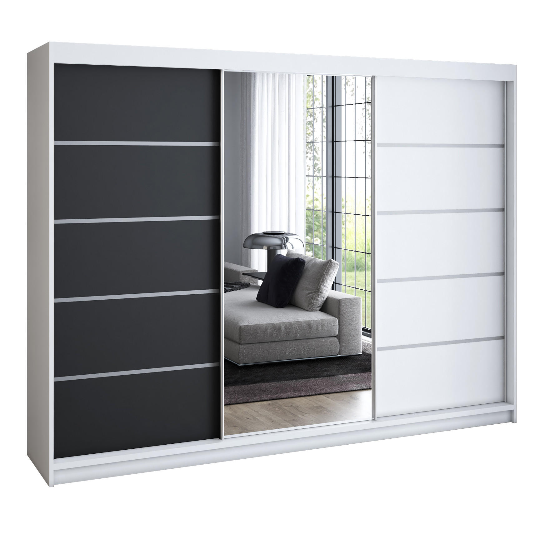 A&J MöbelLand Schwebetürenschrank Schwarz, Klar, Weiß 200x215x59.5 cm