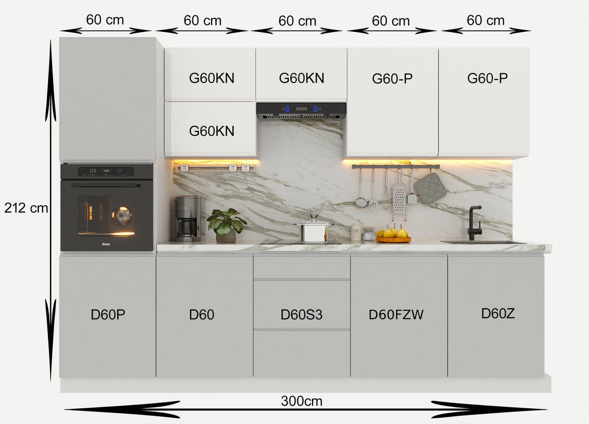 KÜCHENZEILE 300 cm Glanzia – KU-S01 – Grau / Weiß - Weiß Hochglanz/Grau, Holz/Holzwerkstoff (300/212/58cm)