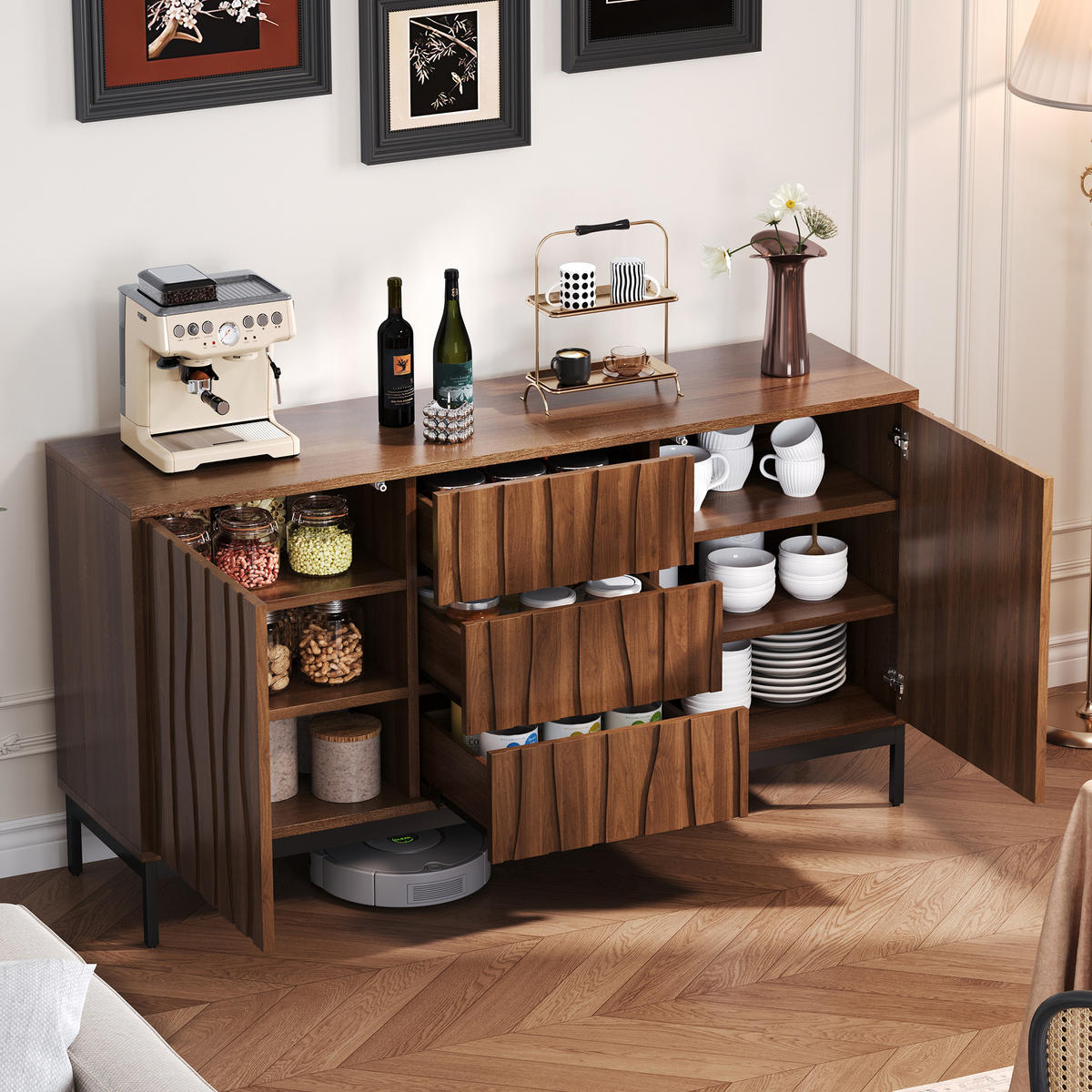SIDEBOARD 150/40/80 cm Braun mit 3 Schubladen und einteilige Aussparung - Naturfarben, Holz (40/80/150cm) - Oxeza