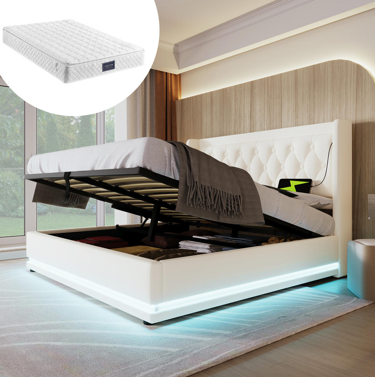 POLSTERBETT aus PU 160x200 cm in Weiß mit LED-Beleuchtung & Matratze - Weiß, Leder (160/200cm) - Modfu