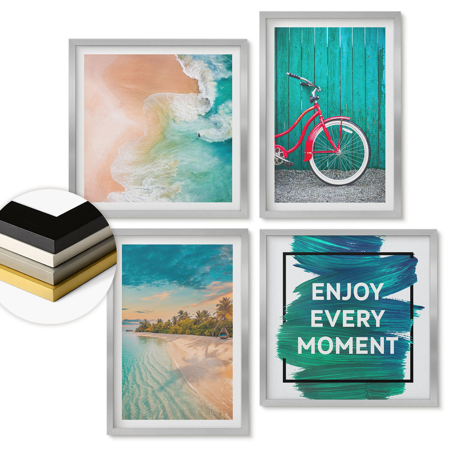 WANDBILDER 4er Set - 50x50 cm & 40x60 cm Silberner Rahmen - Inspiration für ein Fahrrad mit Seeboot - Silberfarben, Kunststoff (50/50cm) - ArtPrintCave