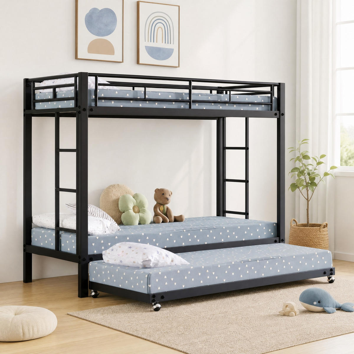 ETAGENBETT 90/200 mit Ausziehbett, Sicherheitsgeländer und Metallrahmen in Schwarz - Schwarz, Metall (90/190cm) - EVRYAE