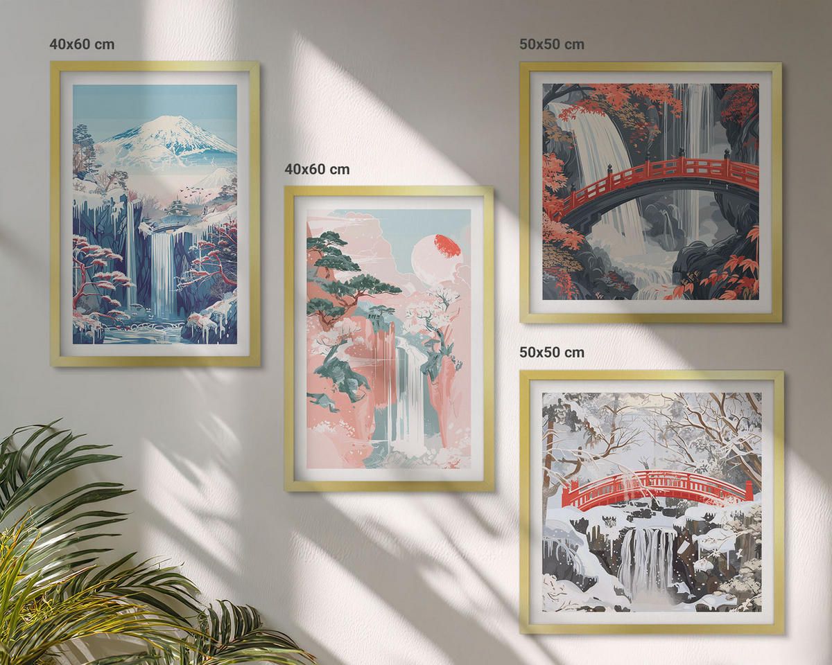 BILDER SET 4er Set - 50x50 cm & 40x60 cm Goldrahmen - Wasserfälle, Berge, Brücken, Bäume - Goldfarben, Kunststoff (50/50cm) - TULUP