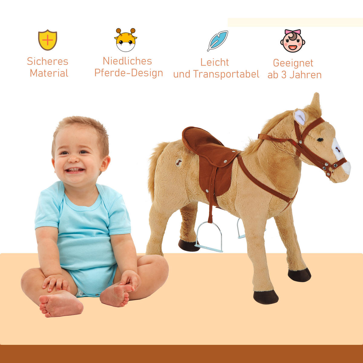 KINDER SCHAUKELTIER, Beige, Plüsch+ Eisen - Beige, Metall (28/60/85cm) - HOMCOM