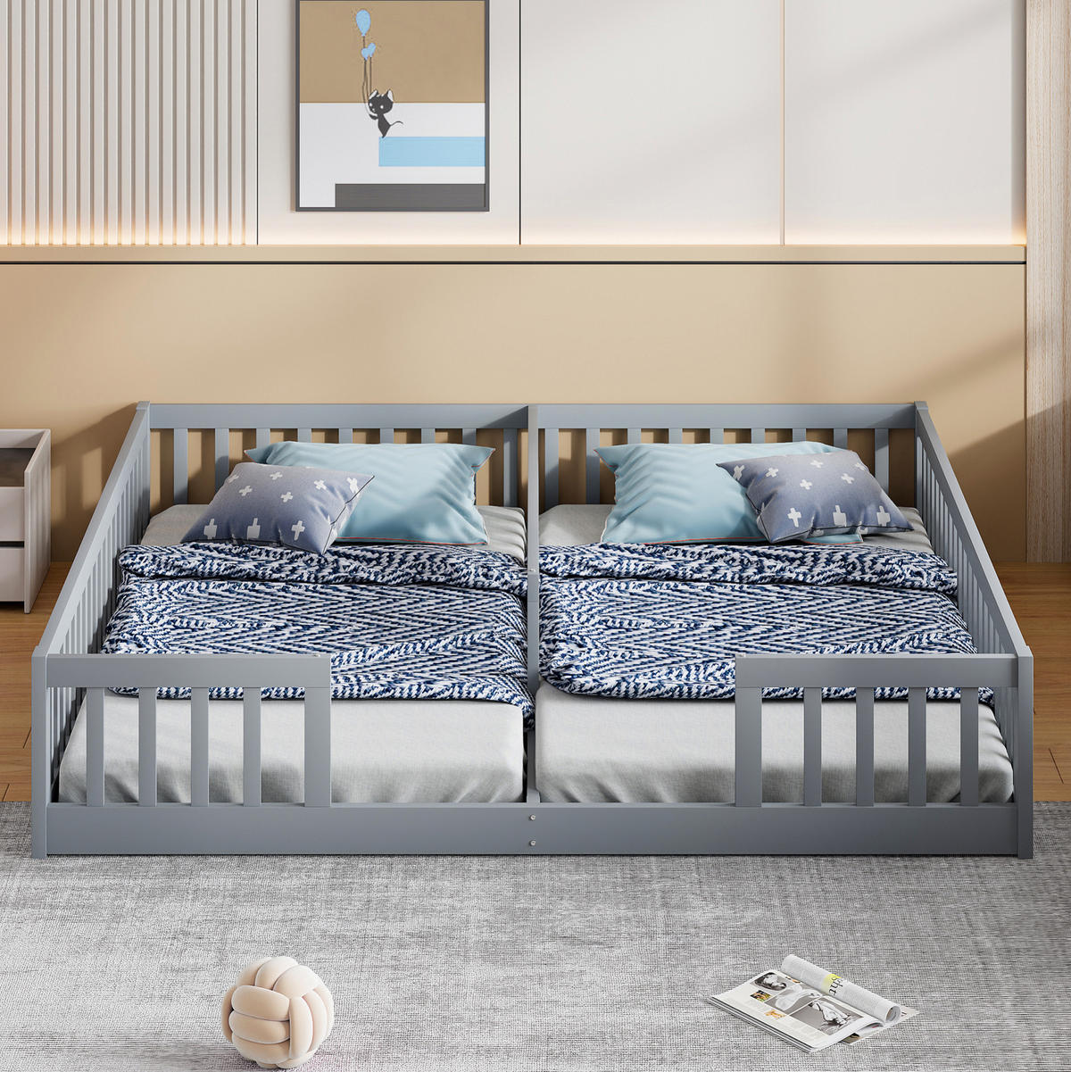 KINDERBETT Kindereinzelbetten 90/200 cm mit Sicherheitsgitter, Lattenrost und Kiefer für 2 Kinder, Grau - Grau, Holzwerkstoff (90/200cm) - Redom