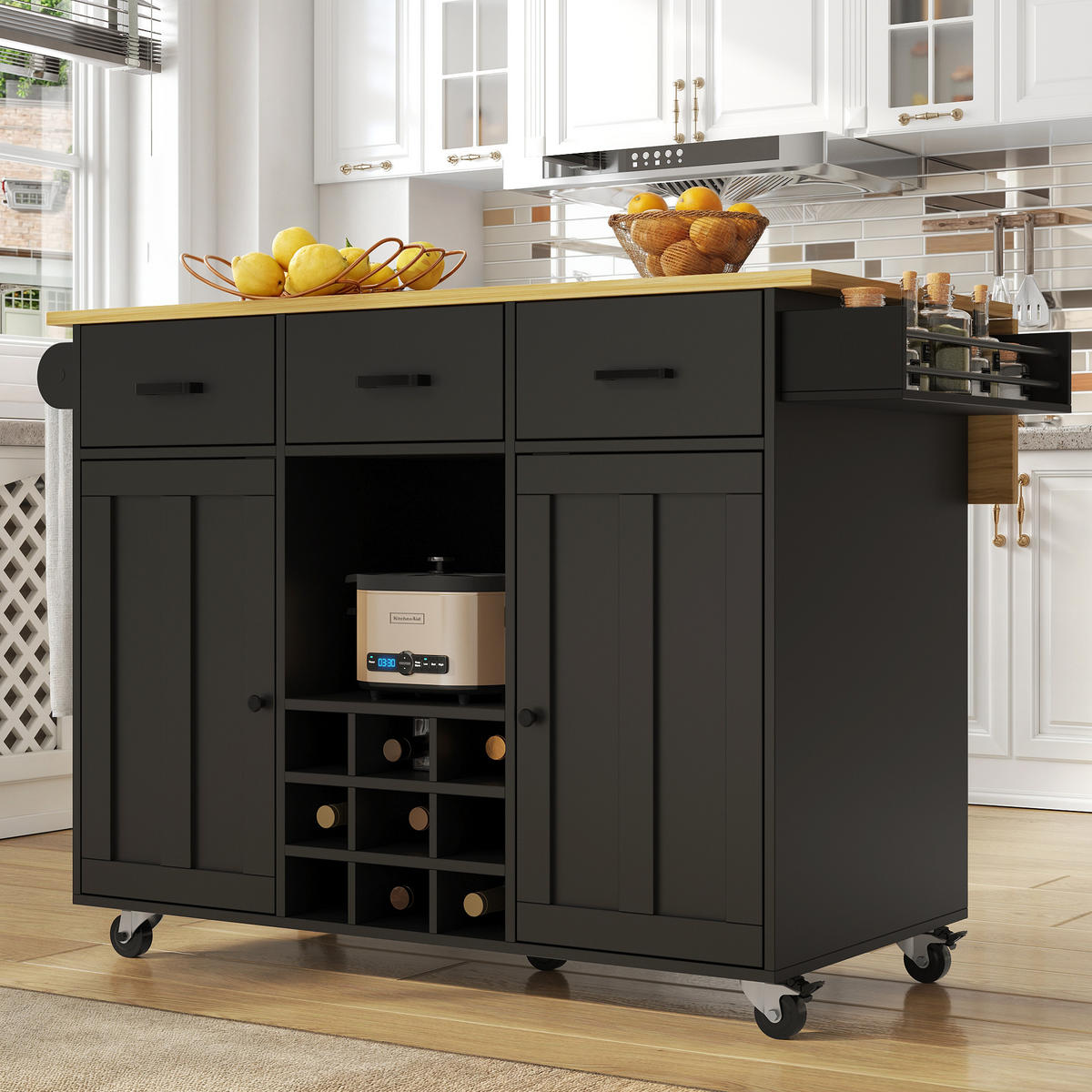 KÜCHENWAGEN 104x39.5x91.5cm Schwarz mit 3 Schubladen & Weinrutsche - Schwarz, Holzwerkstoff (104/91.5/39.5cm) - Modfu